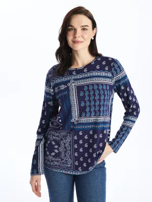 Crew Neck Patterned Long Sleeve Women's T-Shirt