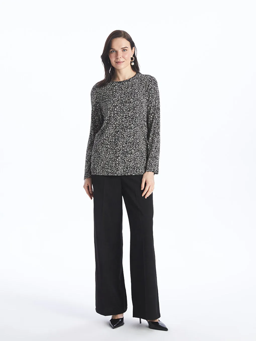 Crew Neck Patterned Long Sleeve Women's T-Shirt