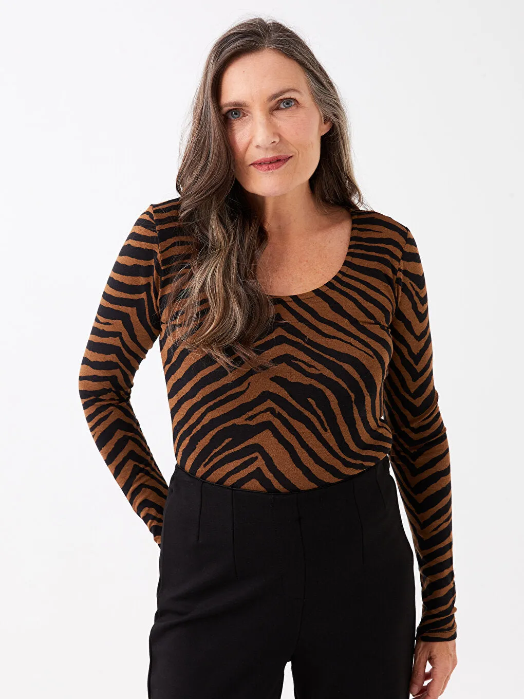 Crew Neck Patterned Long Sleeve Women's T-Shirt