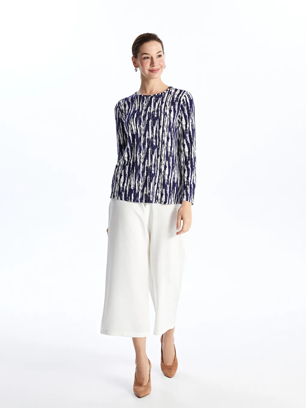 Crew Neck Patterned Long Sleeve Women's T-Shirt