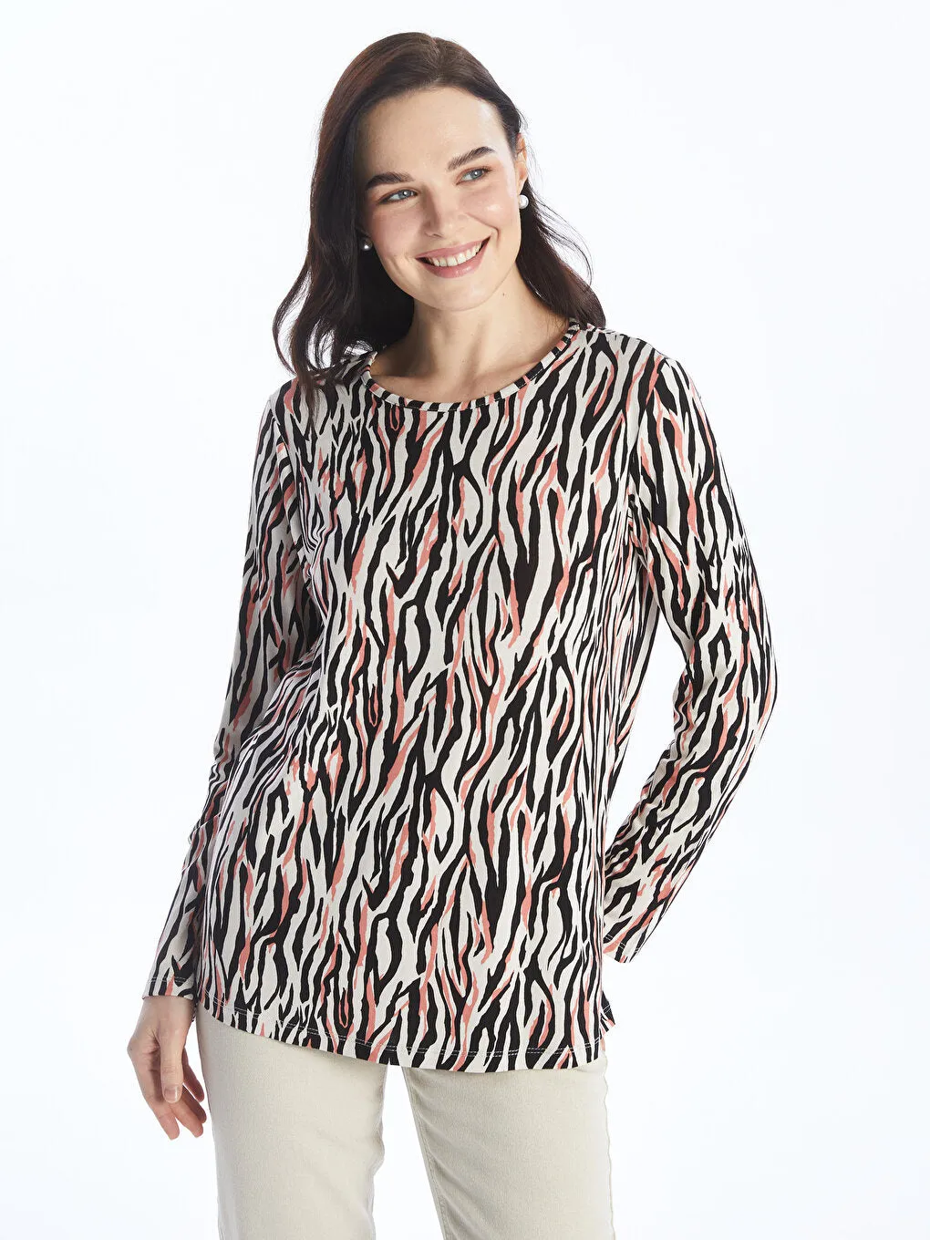 Crew Neck Patterned Long Sleeve Women's T-Shirt