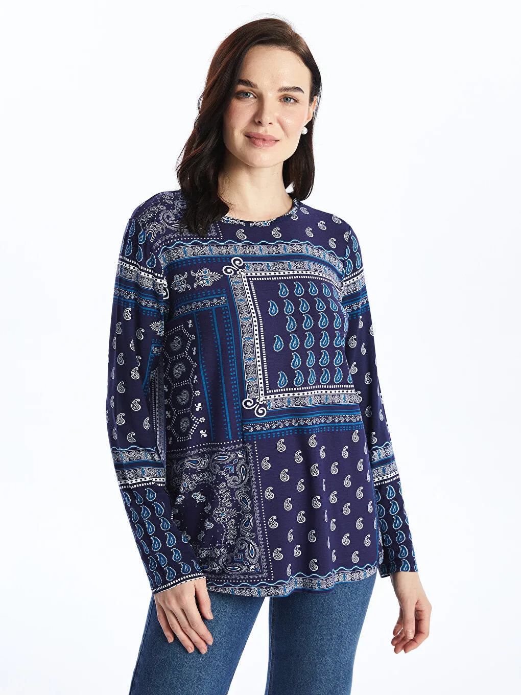 Crew Neck Patterned Long Sleeve Women's T-Shirt