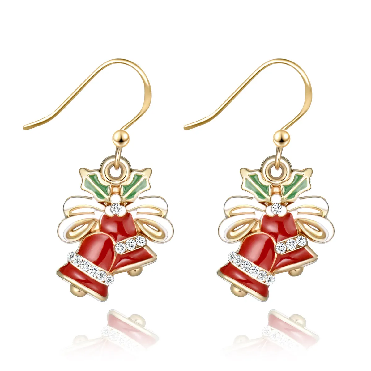 Cubic Zirconia & Red Enamel Jingle Bell Drop Earrings