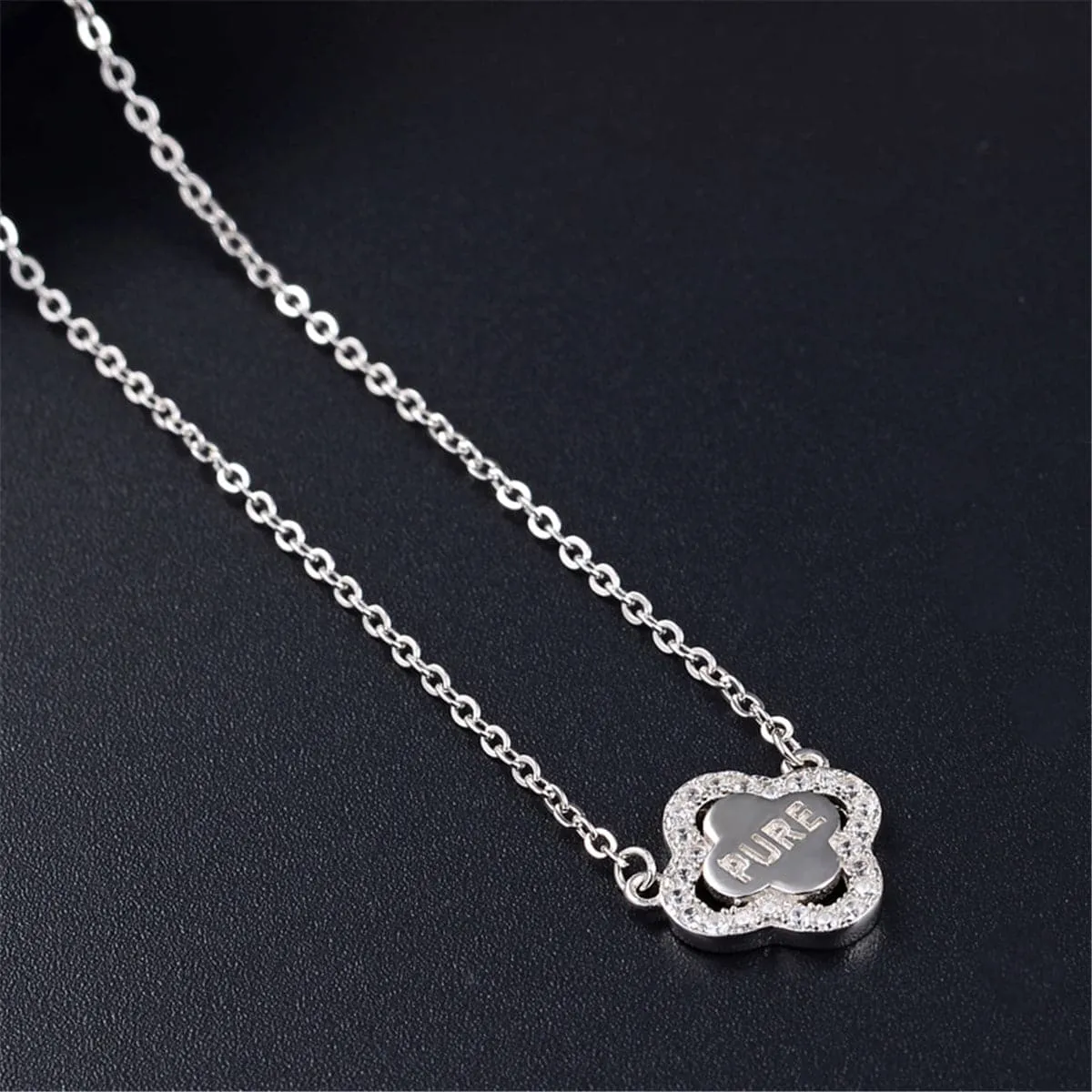 Cubic Zirconia & Sterling Silver Edge Clover Pendant Necklace