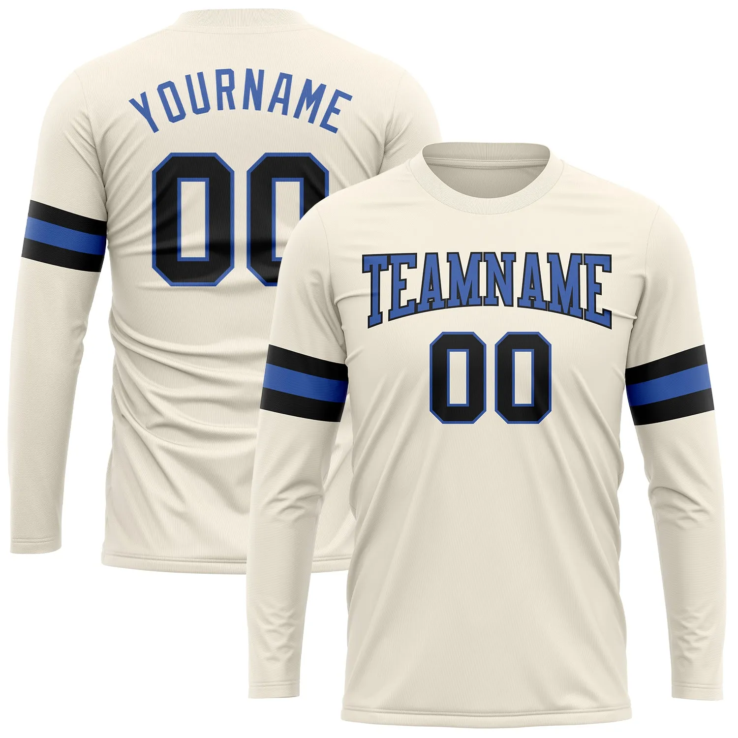 Custom Cream Black-Blue Long Sleeve Performance T-Shirt