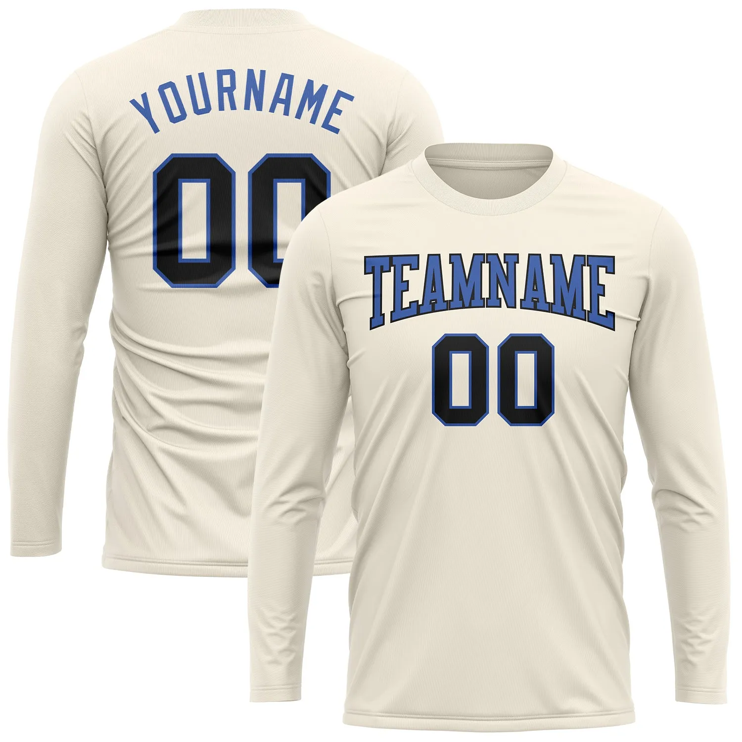 Custom Cream Black-Blue Long Sleeve Performance T-Shirt