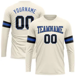 Custom Cream Black-Blue Long Sleeve Performance T-Shirt