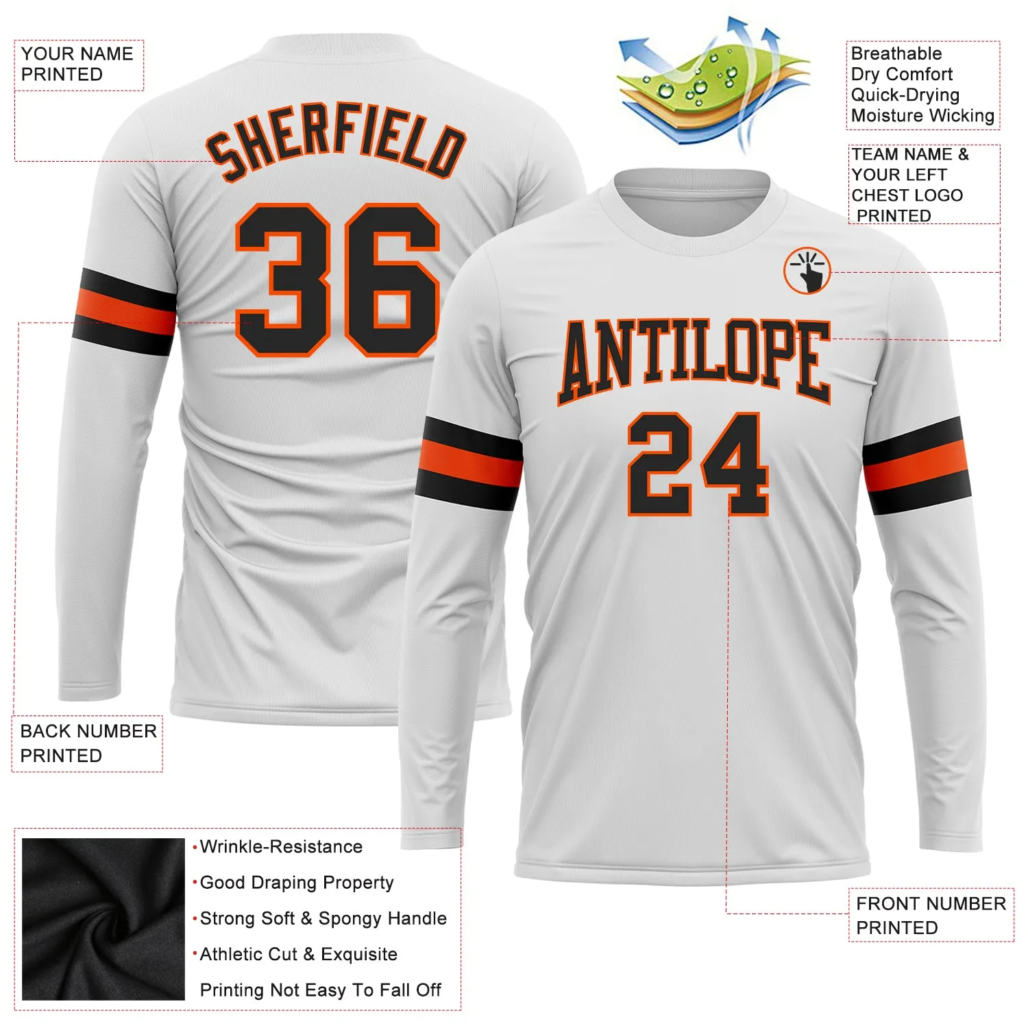 Custom White Black-Orange Long Sleeve Performance T-Shirt