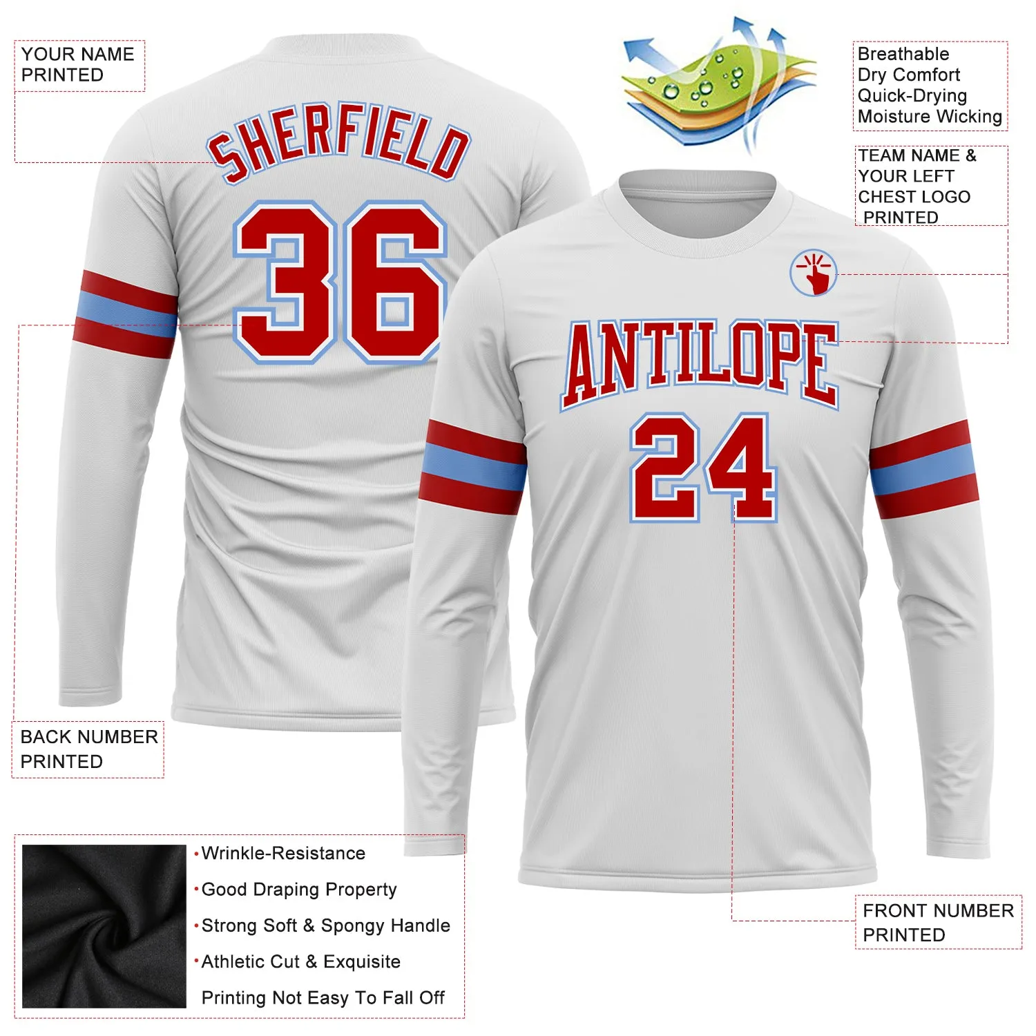 Custom White Red-Light Blue Long Sleeve Performance T-Shirt