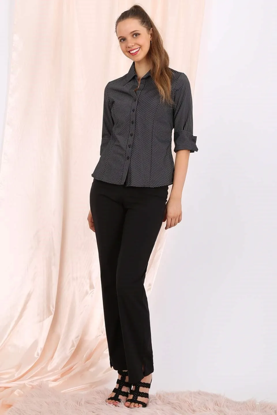 Delaney Shirt in navy pinstripe