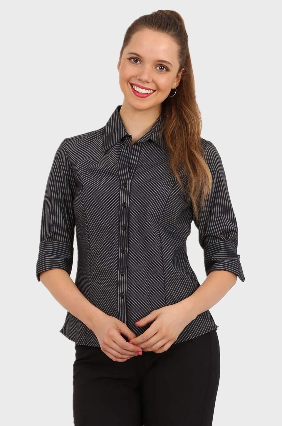 Delaney Shirt in navy pinstripe