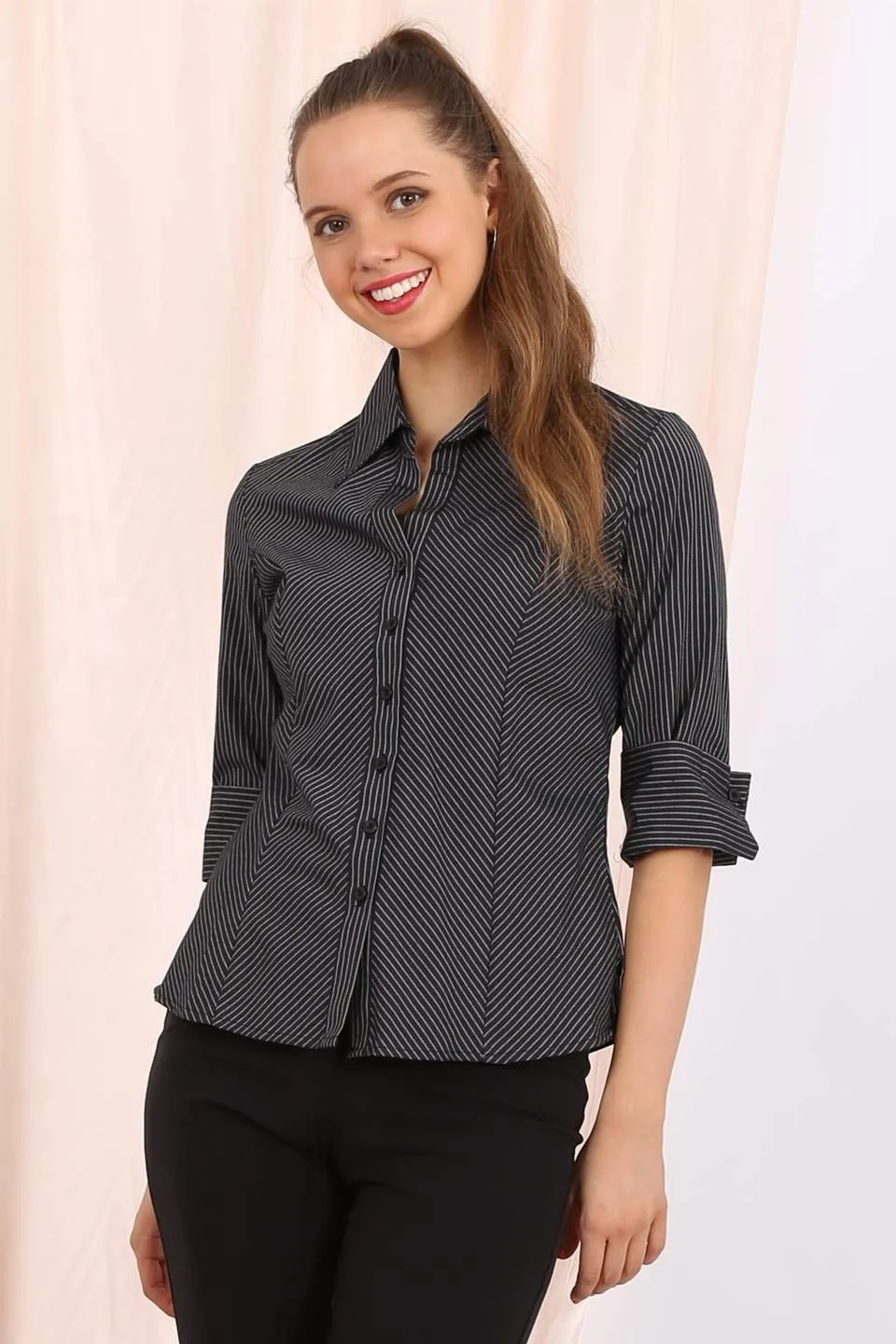 Delaney Shirt in navy pinstripe
