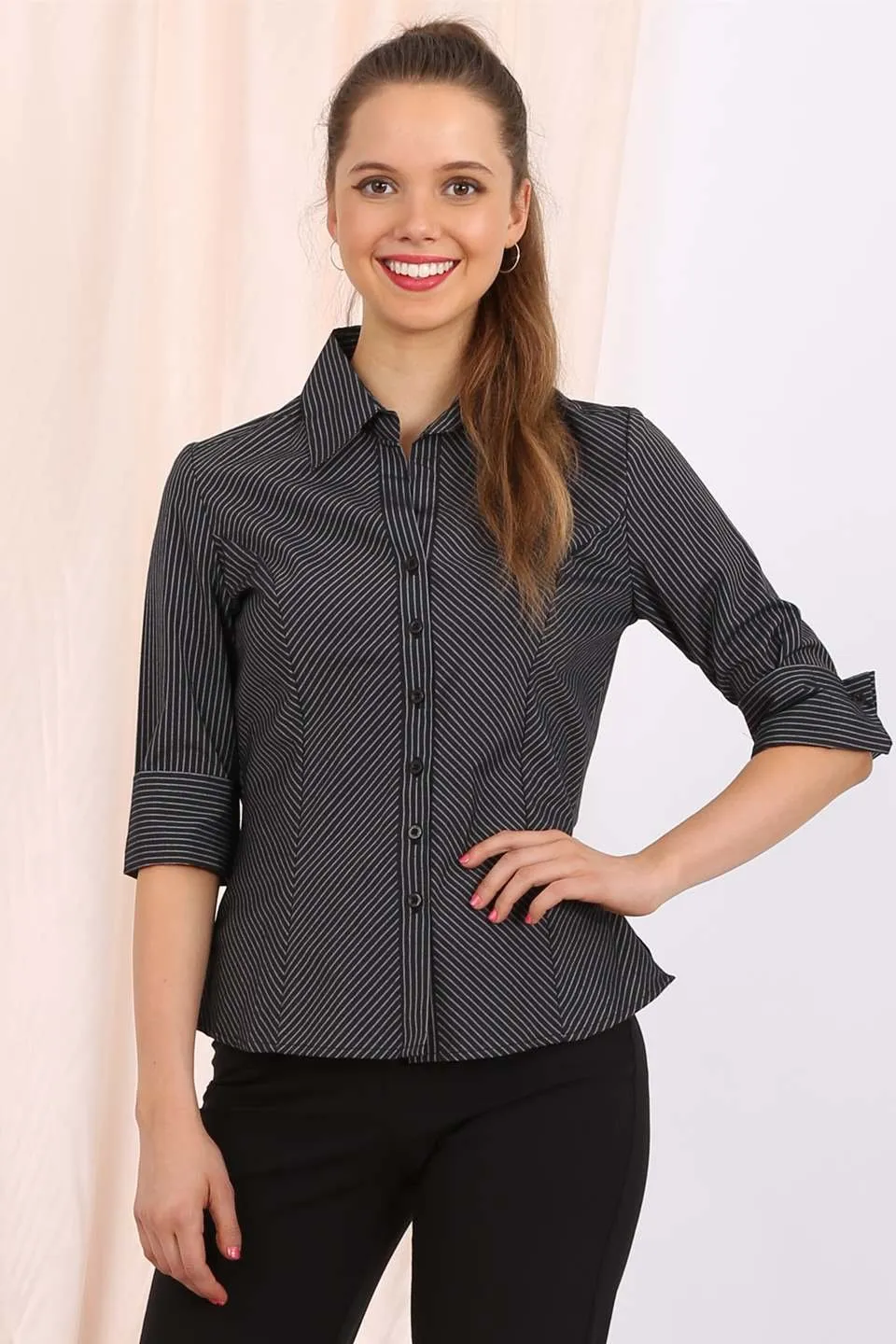 Delaney Shirt in navy pinstripe