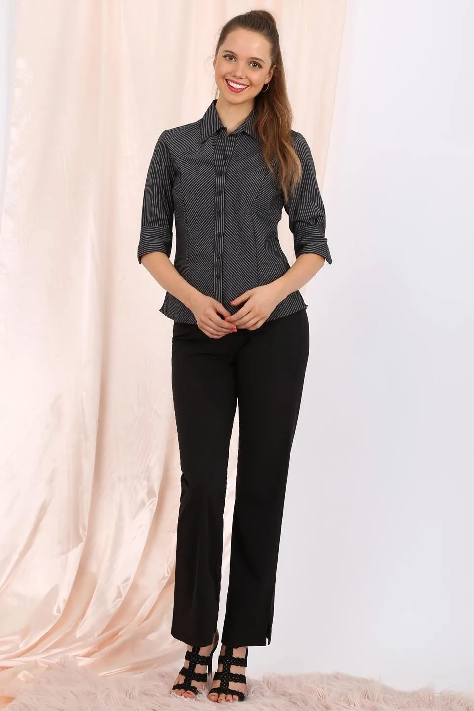 Delaney Shirt in navy pinstripe