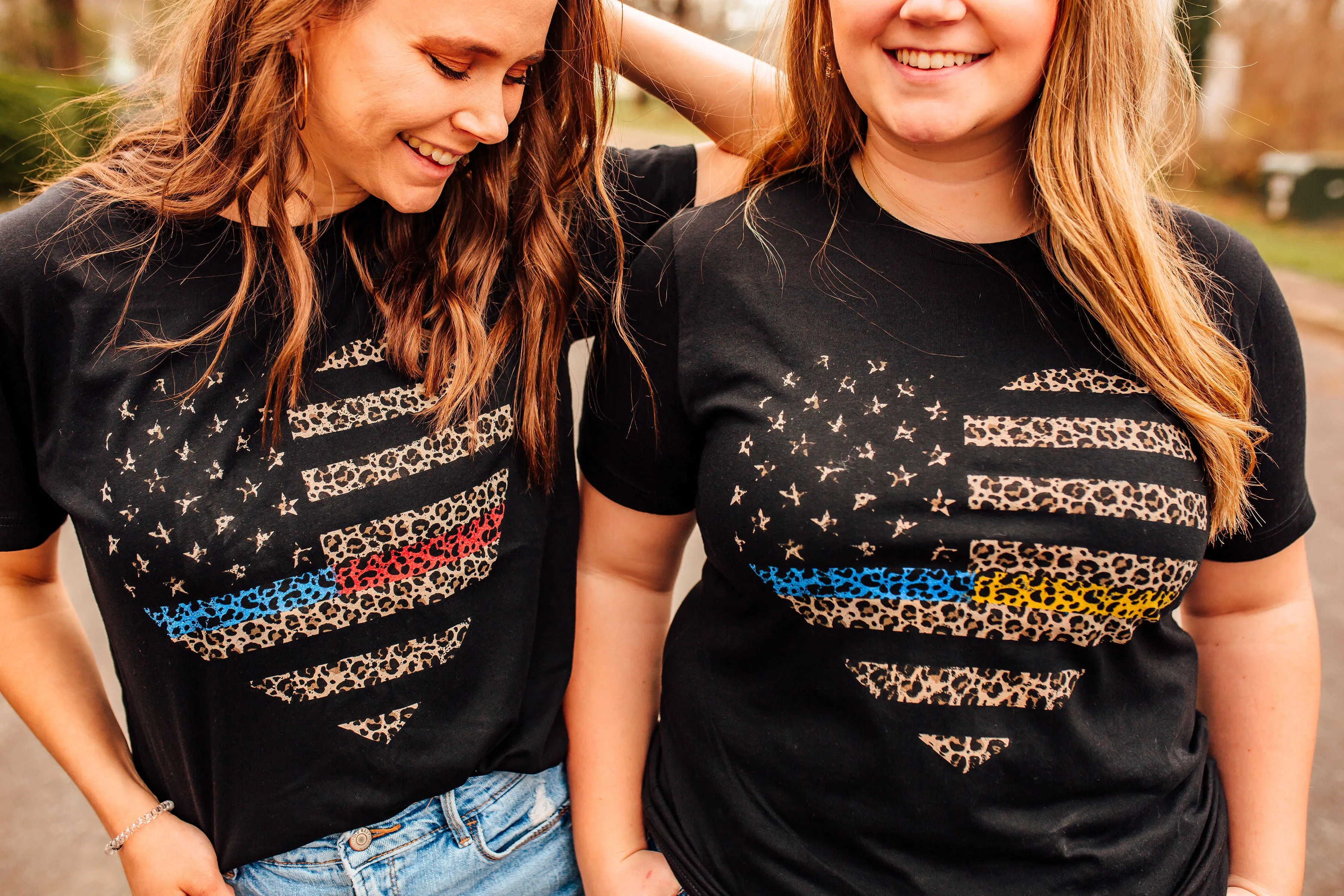 Distressed Leopard Heart Flag © Unisex Tee (Thin Blue / Gold Line Duo)