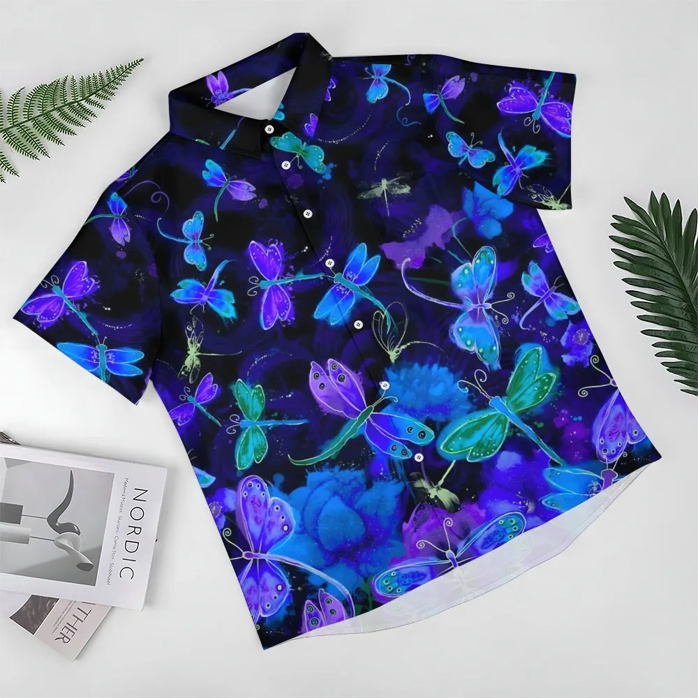 Dragonfly Art Gradient Print Casual Short Sleeve Shirt 2408004661