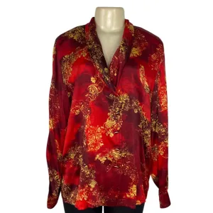 Escada Margaretha Ley Womens Red & Gold Long Sleeve Button-Up Blouse Size M
