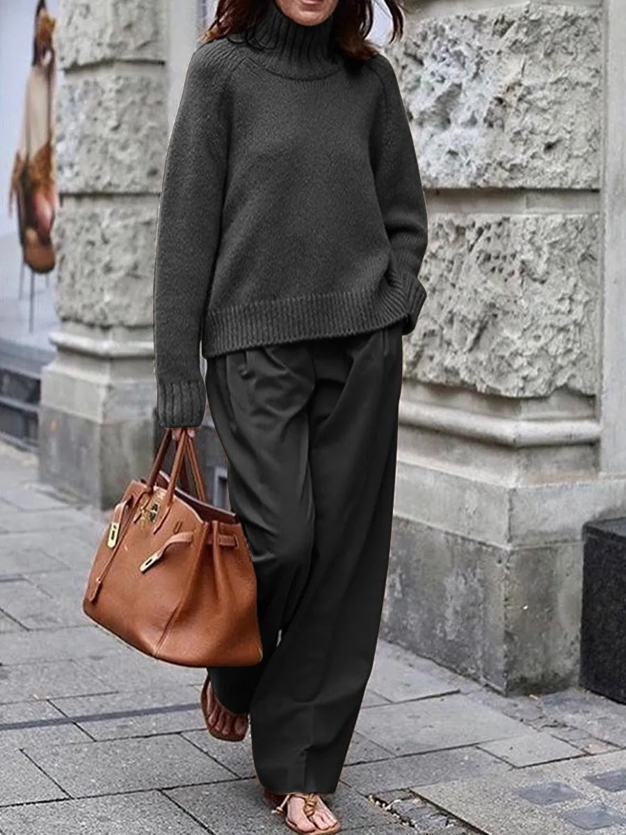 Fashion Casual Loose High Neck Long Sleeve Solid Color Two-piece Suit