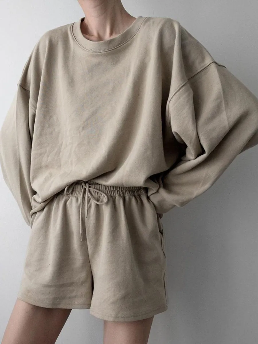 Fashion Round Neck Casual Loose Solid Color Long Sleeve Two-piece Suit