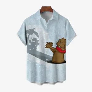 Groundhog Day Cartoon Fun Print Casual Short Sleeve Shirt 2412003755