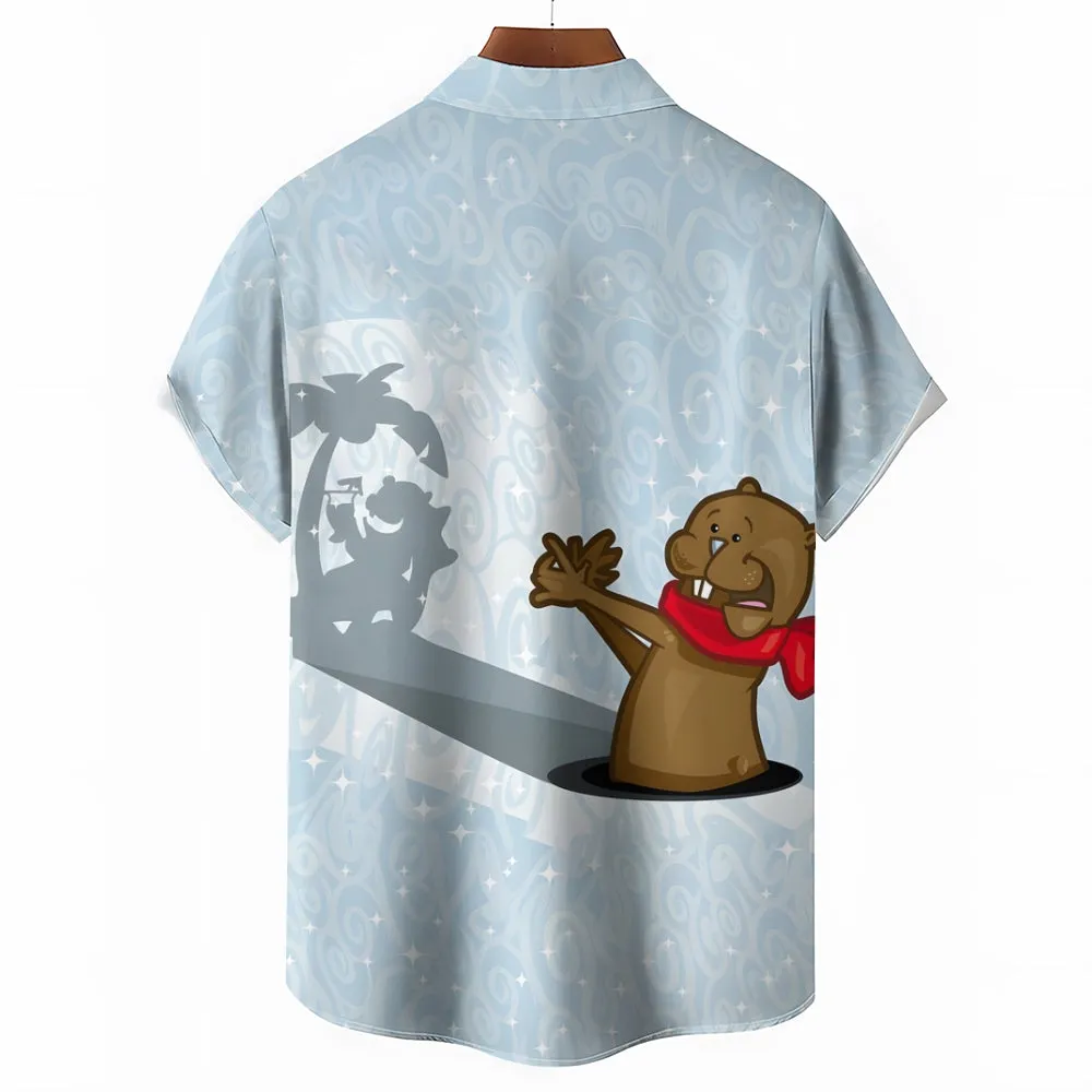 Groundhog Day Cartoon Fun Print Casual Short Sleeve Shirt 2412003755