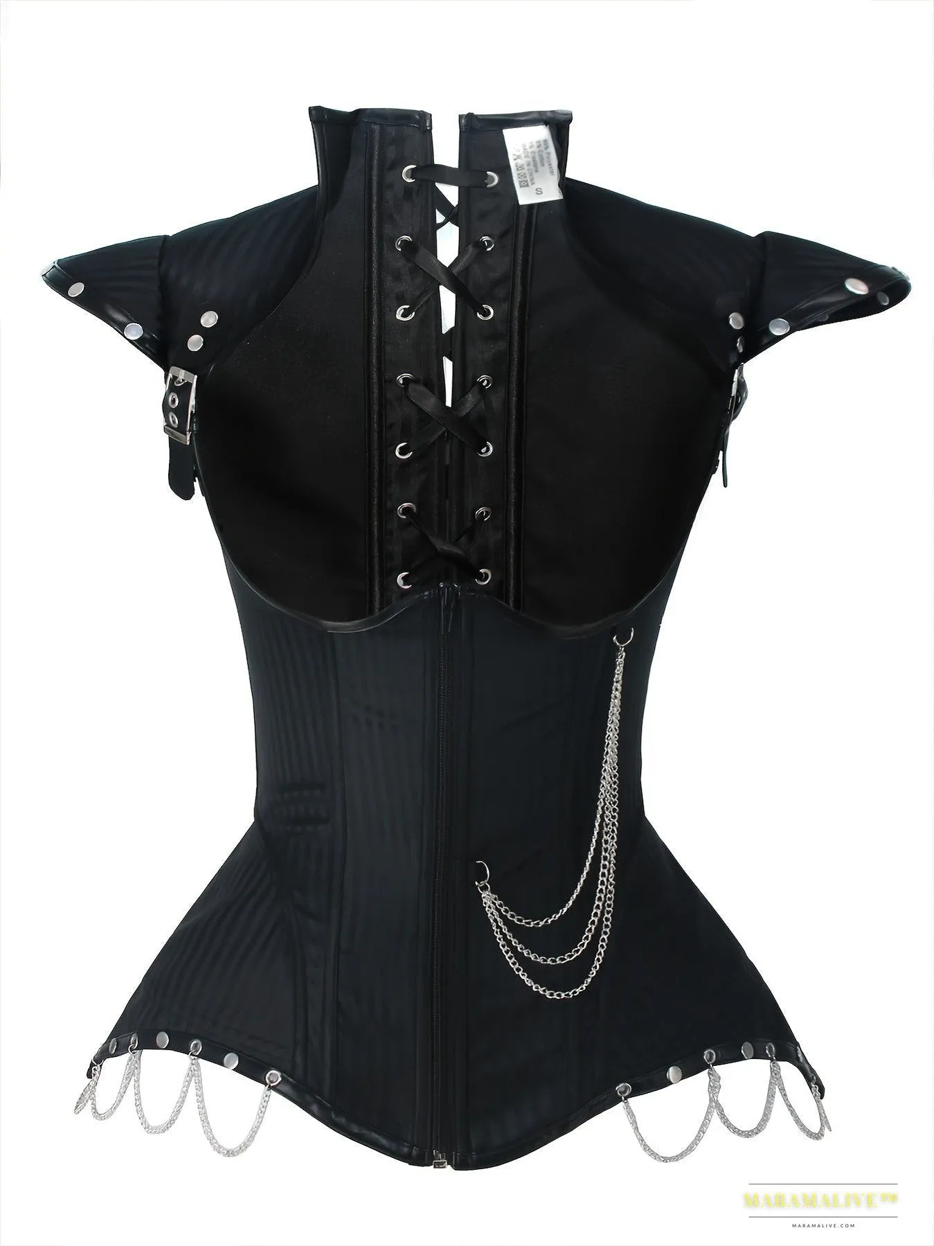 Halloween Studded Decor Metal Chain Corset, Steampunk Gothic Buckle Detail Lace Up Cap Sleeve Waist Sculpting Bustier, Women's Clothing