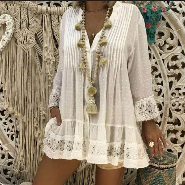 Hollow Out Women's Blouse Casual Loose 5XL Women's Blouse Large Size Polka Dot Chiffon Shirts V Neck Long Sleeve Blouse Women