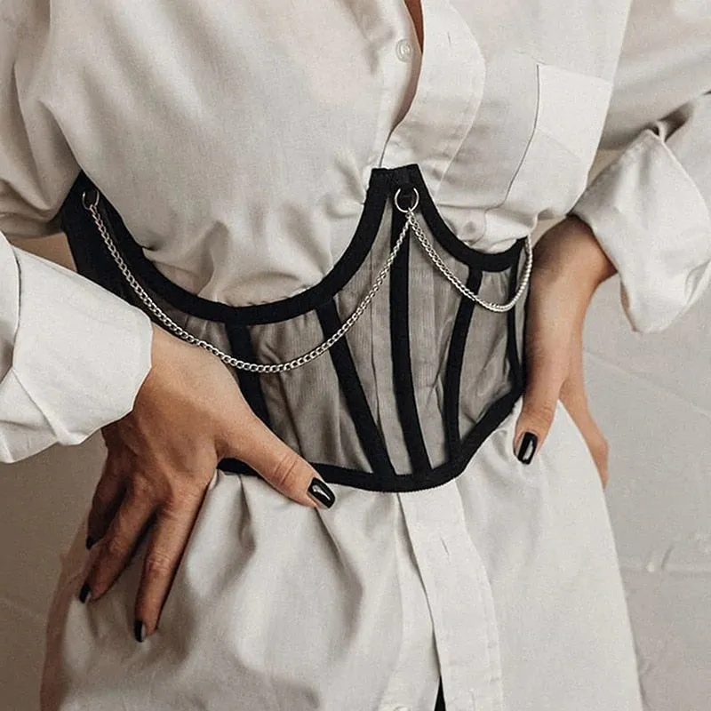 Hulianfu Sexy Corset Underbust Women Gothic Corset Top Curve Shaper Strap Slimming Waist Belt Chain Lace Corsets Bustiers Sexy Punk