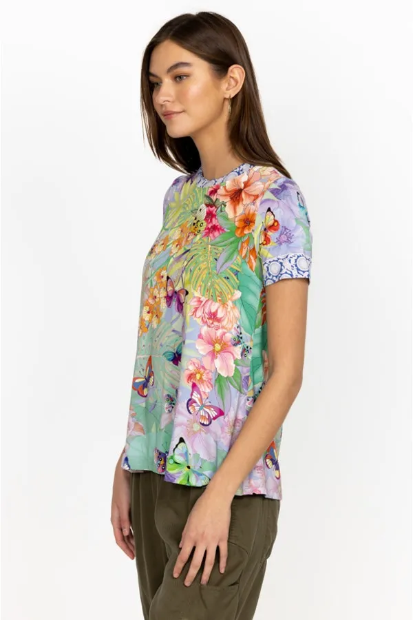 Johnny Was Cozumel Favorite Swing Tee Shirt Floral Butterfly Top Violet Green NEW
