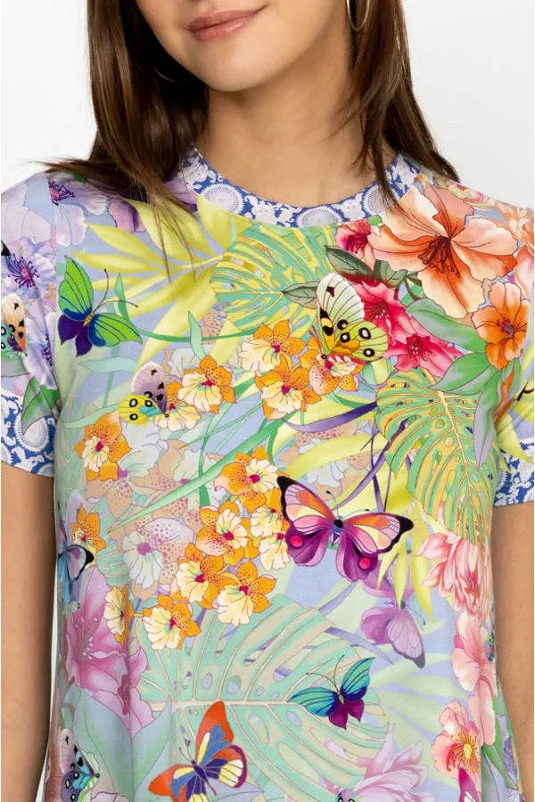 Johnny Was Cozumel Favorite Swing Tee Shirt Floral Butterfly Top Violet Green NEW
