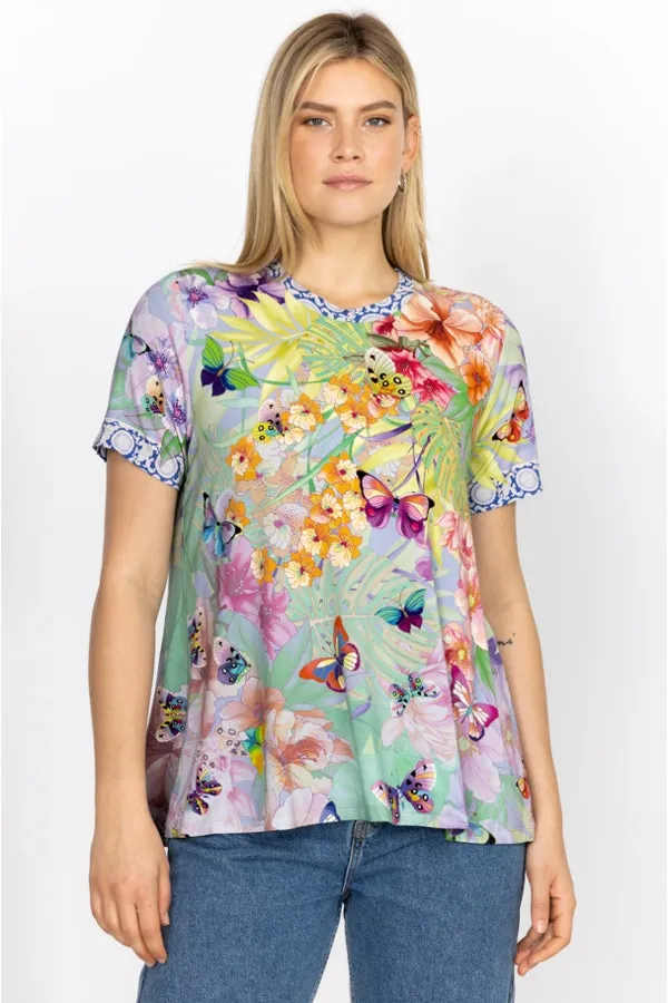 Johnny Was Cozumel Favorite Swing Tee Shirt Floral Butterfly Top Violet Green NEW