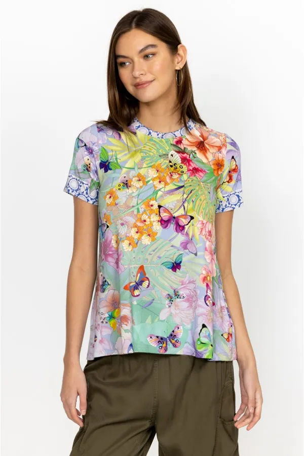 Johnny Was Cozumel Favorite Swing Tee Shirt Floral Butterfly Top Violet Green NEW