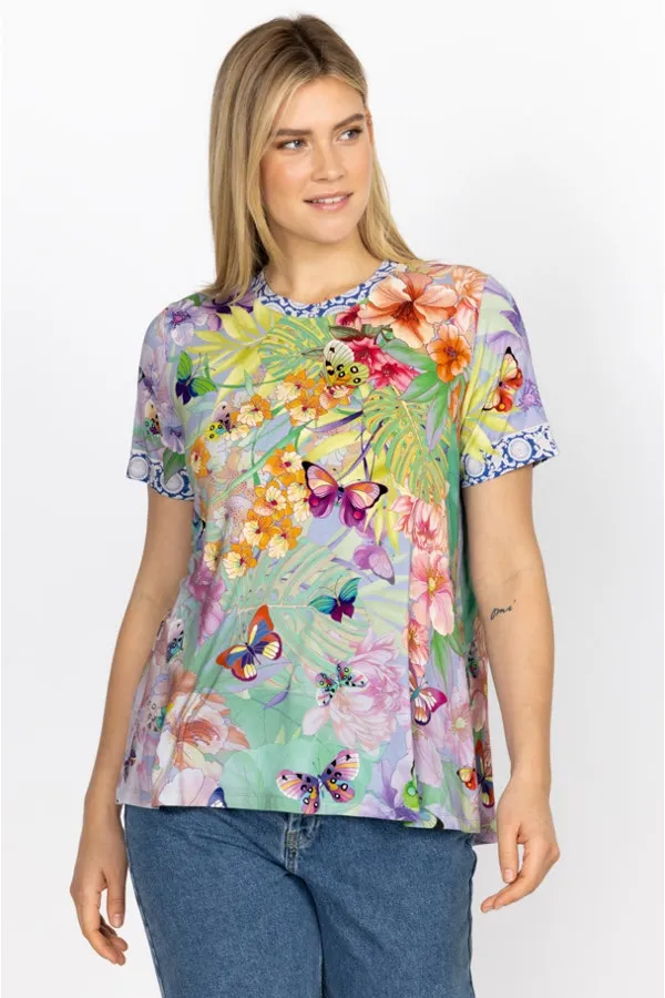 Johnny Was Cozumel Favorite Swing Tee Shirt Floral Butterfly Top Violet Green NEW