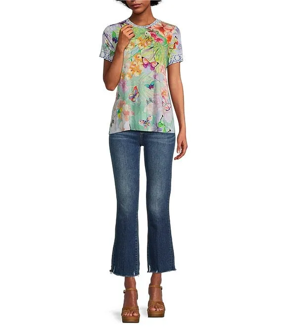 Johnny Was Cozumel Favorite Swing Tee Shirt Floral Butterfly Top Violet Green NEW