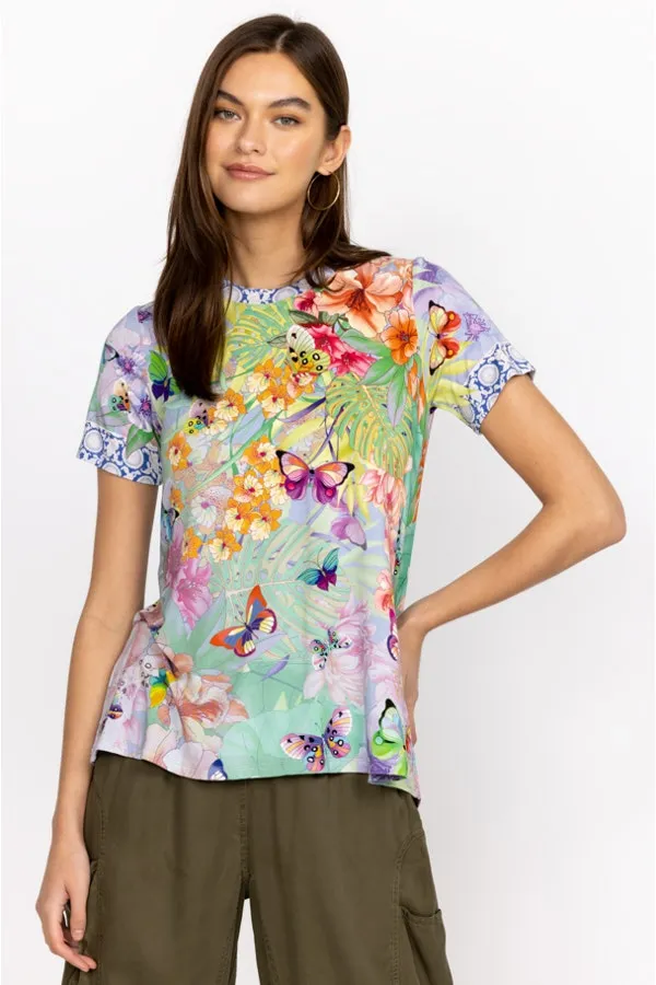 Johnny Was Cozumel Favorite Swing Tee Shirt Floral Butterfly Top Violet Green NEW