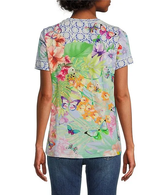 Johnny Was Cozumel Favorite Swing Tee Shirt Floral Butterfly Top Violet Green NEW
