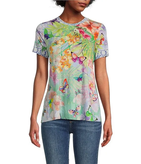 Johnny Was Cozumel Favorite Swing Tee Shirt Floral Butterfly Top Violet Green NEW