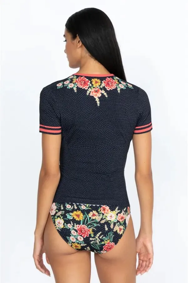 JOHNNY WAS Swimwear SPORTY SURF SHIRT Pink Floral Black Top New
