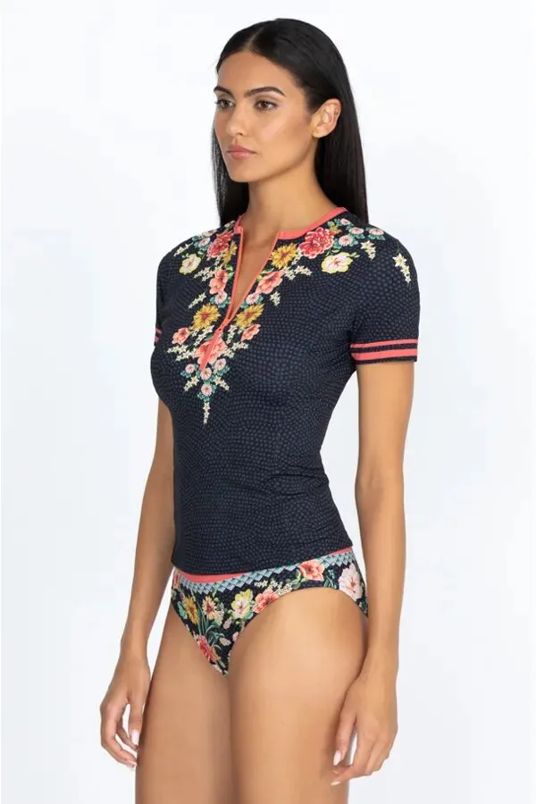JOHNNY WAS Swimwear SPORTY SURF SHIRT Pink Floral Black Top New