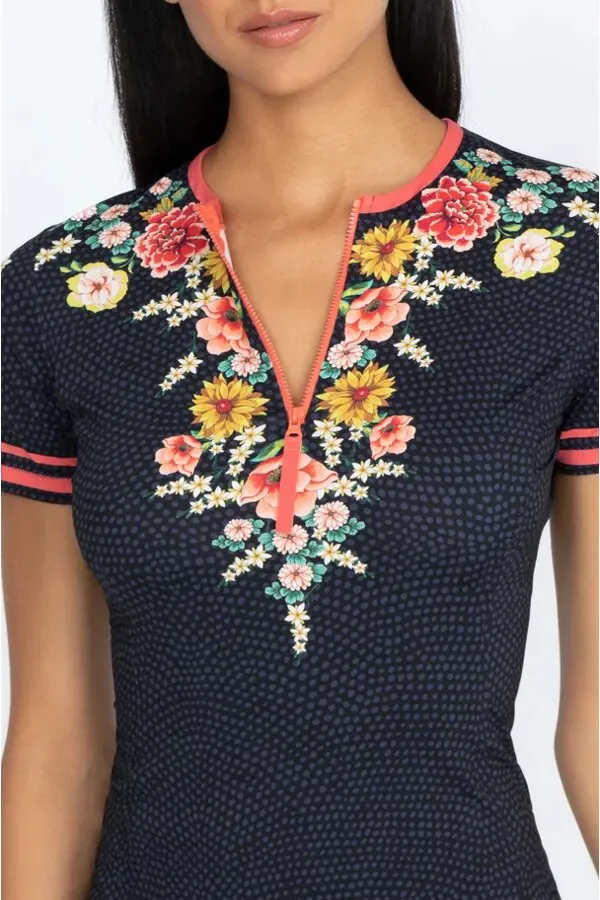 JOHNNY WAS Swimwear SPORTY SURF SHIRT Pink Floral Black Top New
