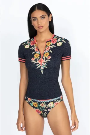 JOHNNY WAS Swimwear SPORTY SURF SHIRT Pink Floral Black Top New