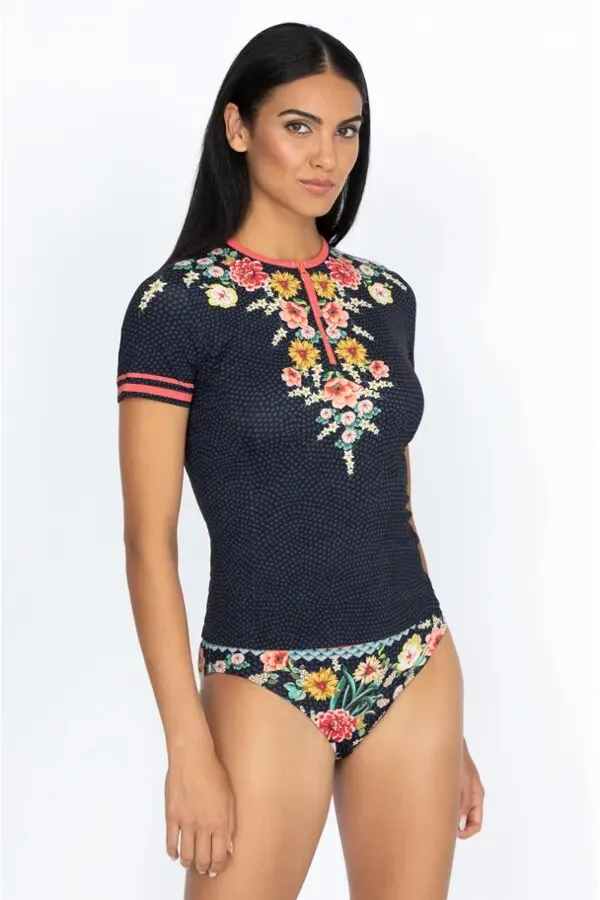 JOHNNY WAS Swimwear SPORTY SURF SHIRT Pink Floral Black Top New