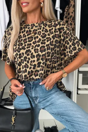 Khaki Cheetah Print Round Neck Loose Fit T Shirt