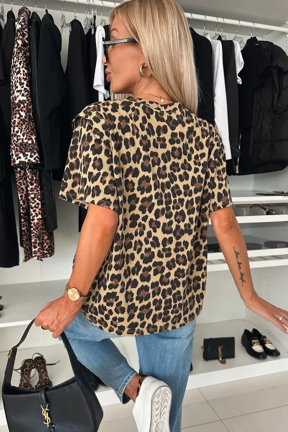 Khaki Cheetah Print Round Neck Loose Fit T Shirt