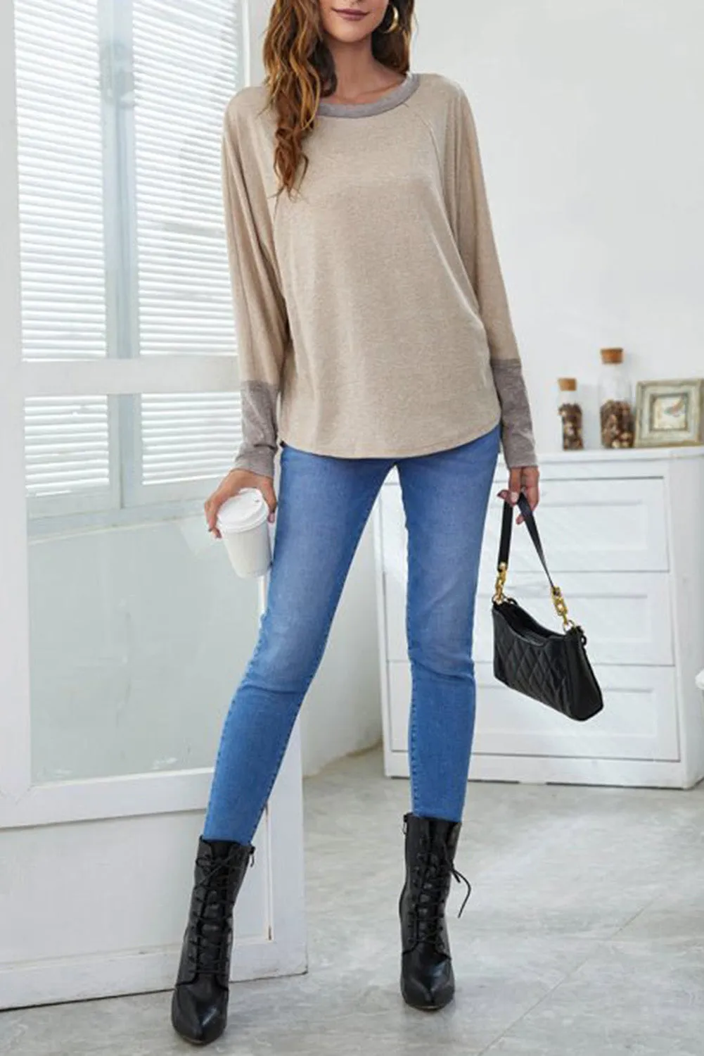 Khaki  Contrast Cuffs Batwing Sleeve Loose Top
