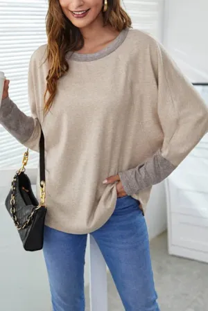Khaki  Contrast Cuffs Batwing Sleeve Loose Top