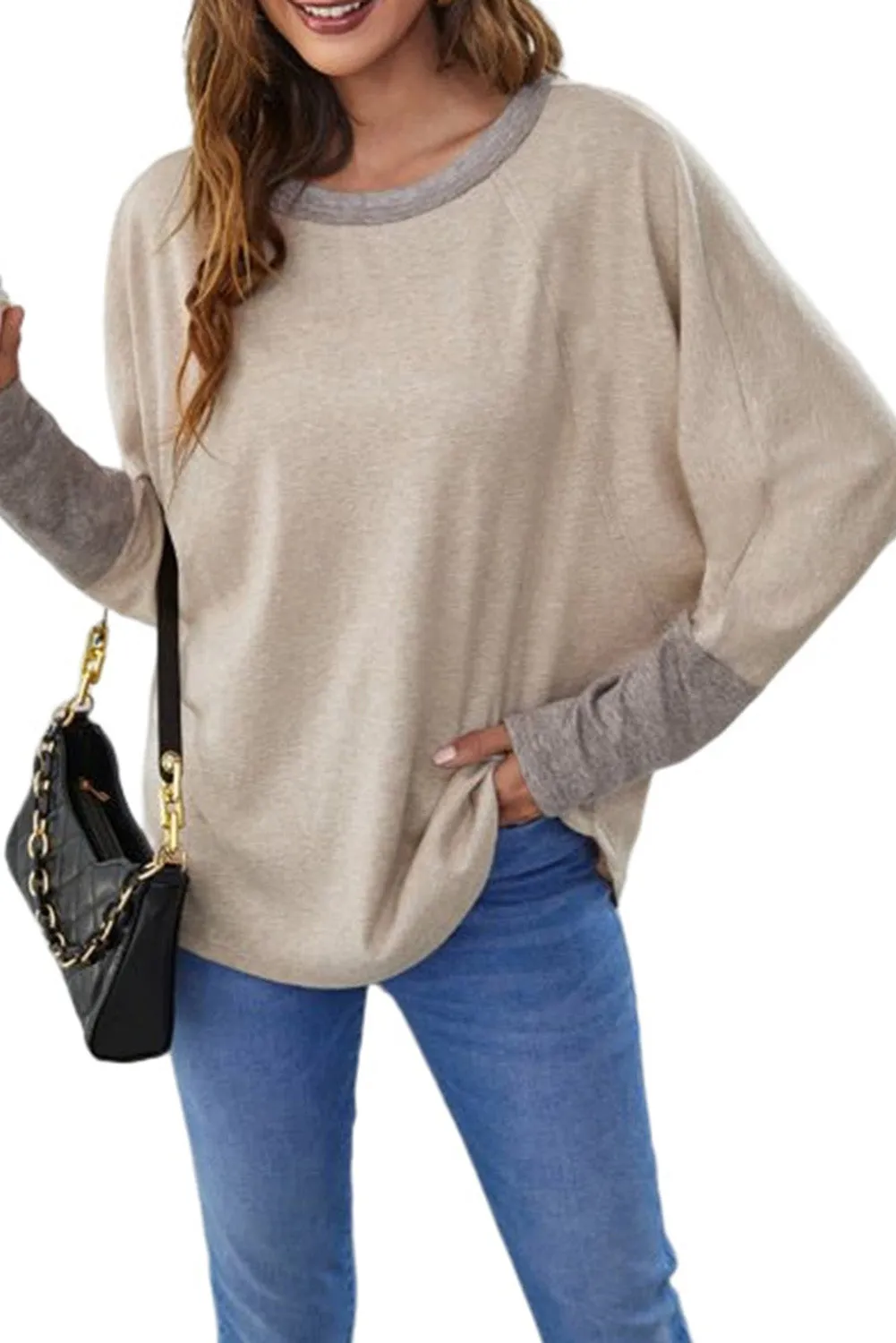 Khaki  Contrast Cuffs Batwing Sleeve Loose Top