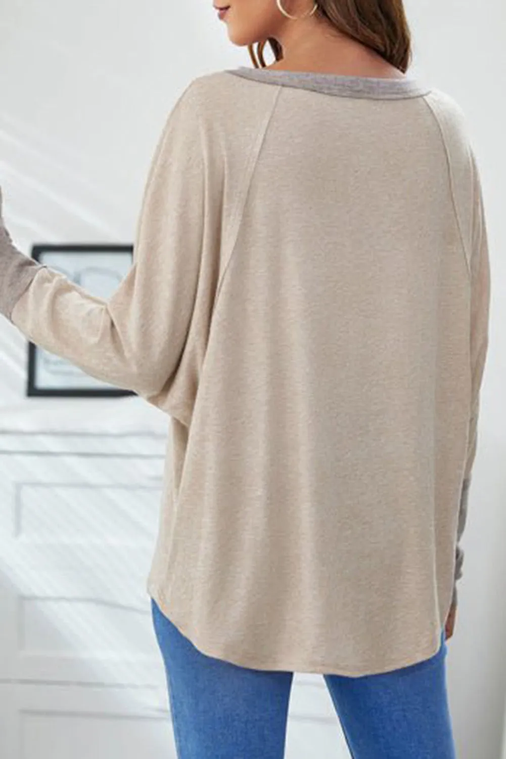 Khaki  Contrast Cuffs Batwing Sleeve Loose Top