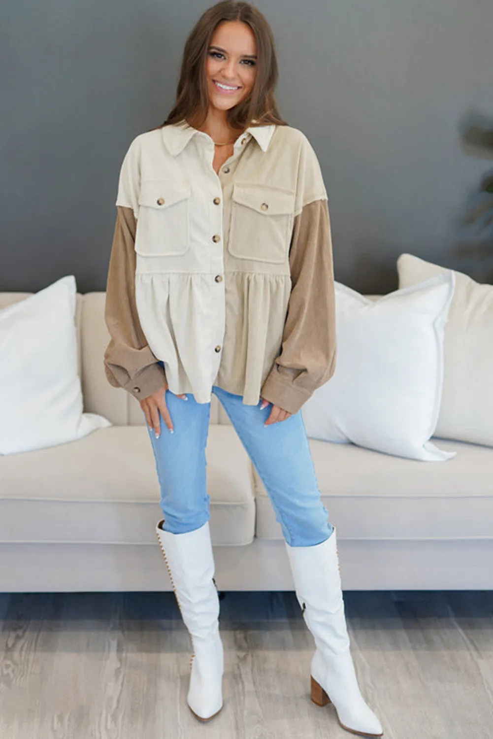Khaki Loose Colorblock Corduroy Shacket