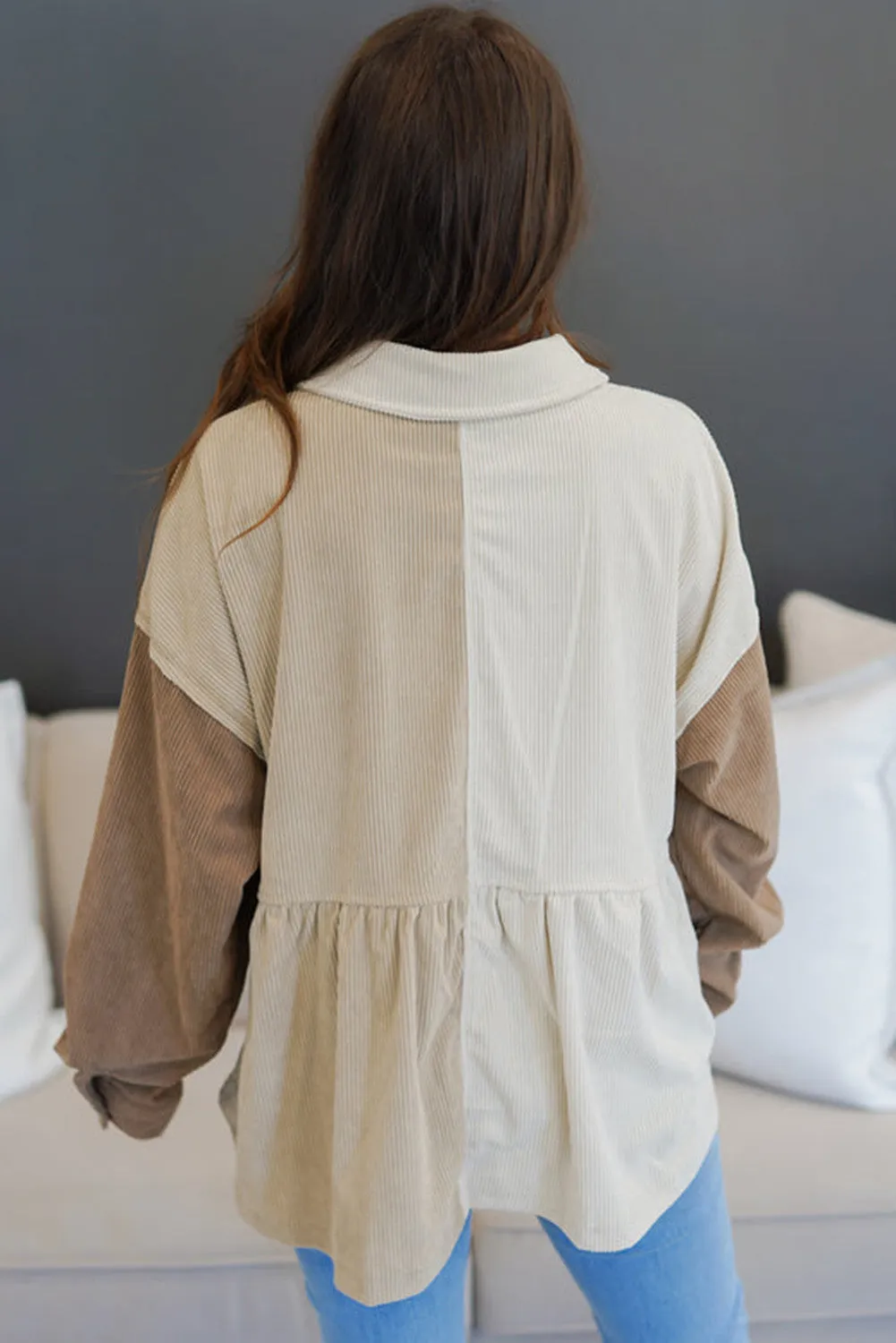 Khaki Loose Colorblock Corduroy Shacket